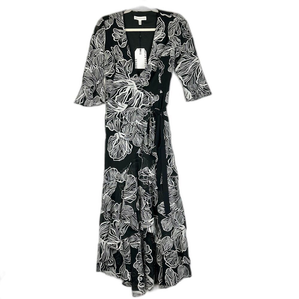 Dress The Population Ophelia Floral Embroidered Wrap Midi Dress Size Small NWT - Picture 2 of 9